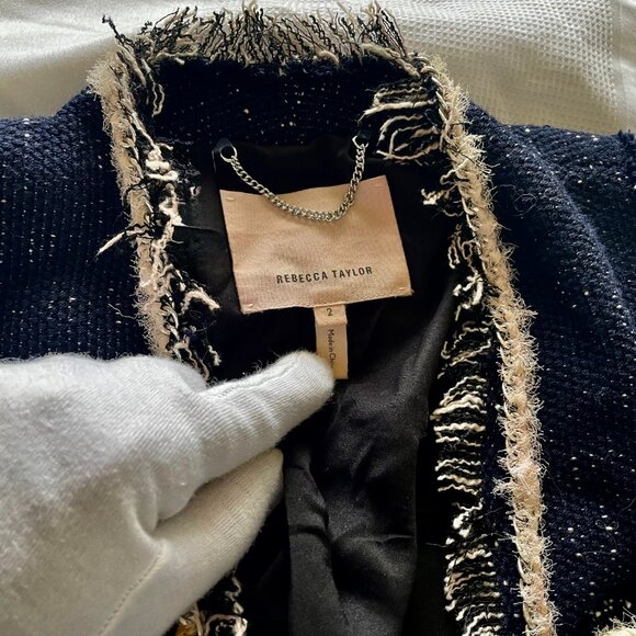 Rebecca Taylor Navy Tweed Look Jacket Fringe Accents SZ 2 Dressy - Picture 3 of 13